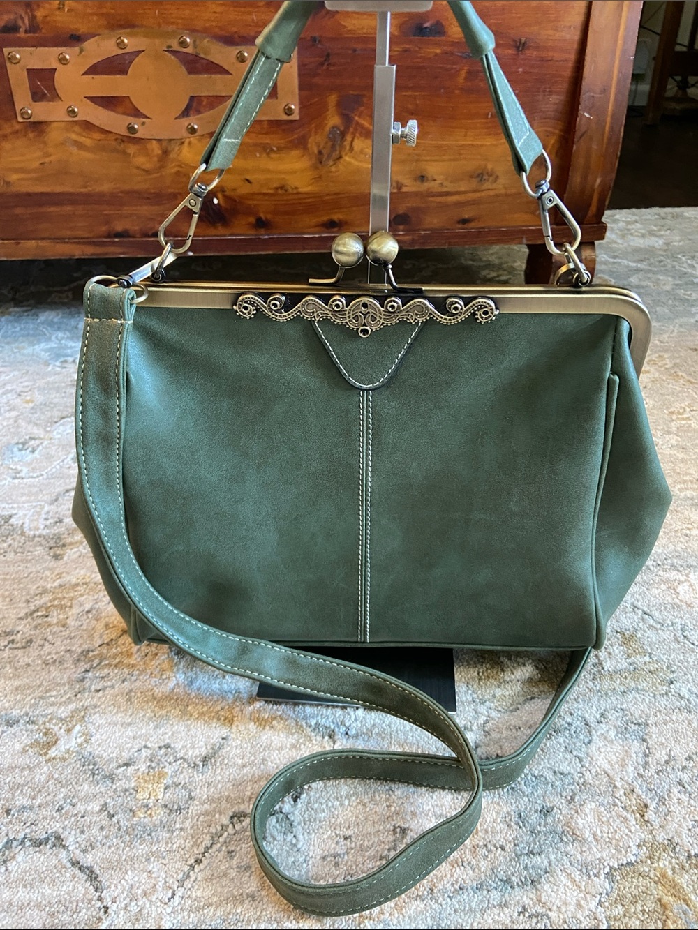 Olive Green Kiss-lock Bag with Decorative Trim and Removable Crossbody Strap